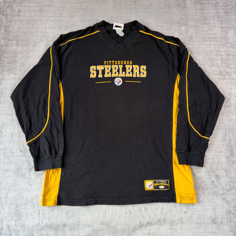 Pittsburgh Steelers Shirt Mens XL Black Vtg Y2K V Neck Long Sleeve Jersey Style